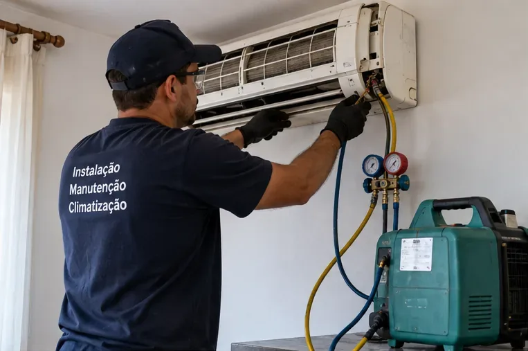 Técnico trabalhando na unidade interna de um ar-condicionado split com manômetros, mangueiras e equipamento de serviço
