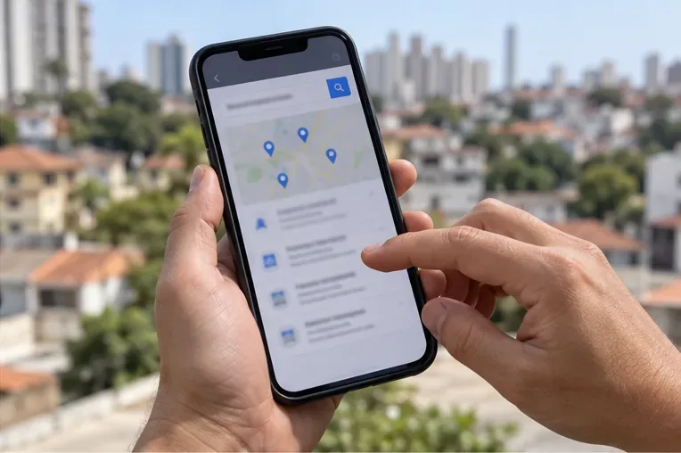 Pessoa consulta em um celular pontos de recebimento próximos a partir do CEP.
