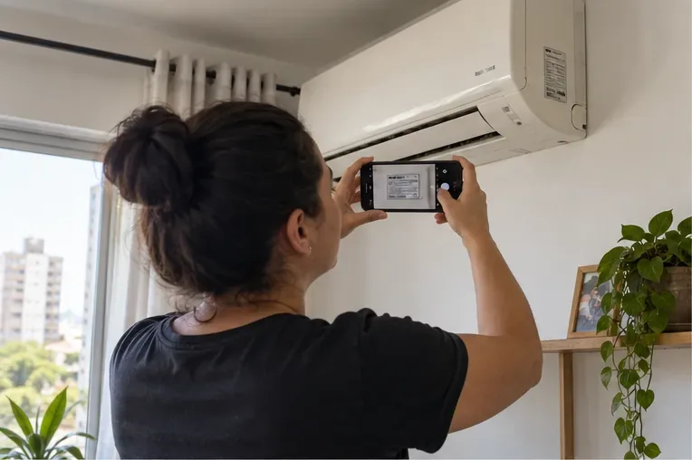 Moradora fotografa a etiqueta de identificação de um ar-condicionado split instalado na parede.