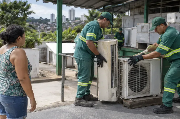 Equipe de coleta movimenta unidades de ar-condicionado em local coberto e organizado, com a moradora acompanhando a entrega