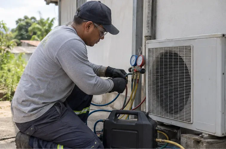 Técnico de climatização usa manômetros e equipamento de recolhimento junto à unidade externa de um ar-condicionado split