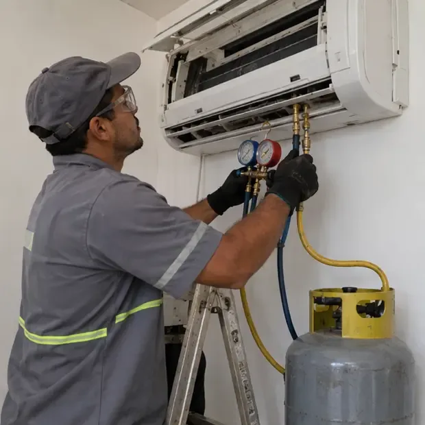 Técnico de climatização usa manômetros e cilindro de recuperação para retirar o refrigerante de um split antes da desmontagem