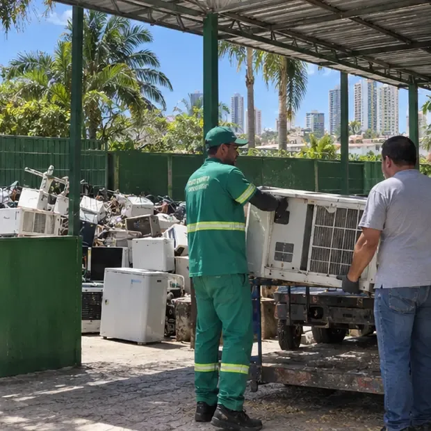 Operador recebe uma unidade externa de ar-condicionado em um ponto de coleta de resíduos eletroeletrônicos em área urbana de Natal
