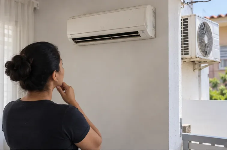 Moradora observa um aparelho de ar-condicionado split antigo instalado na parede
