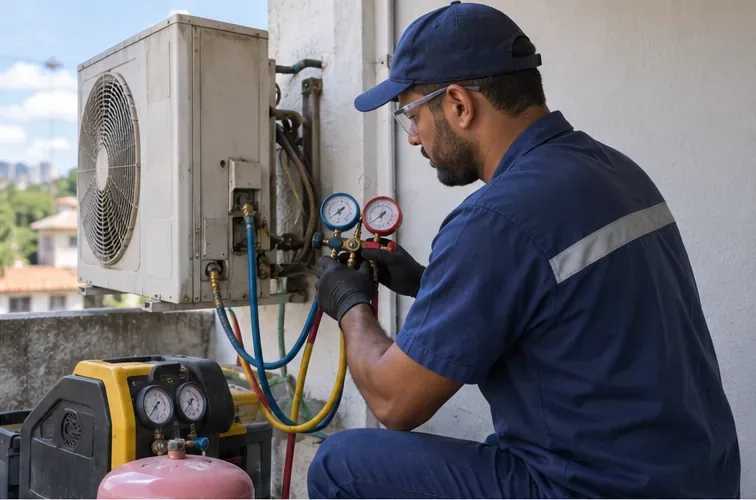 Técnico de refrigeração trabalha na unidade externa de um ar-condicionado com manômetros e mangueiras