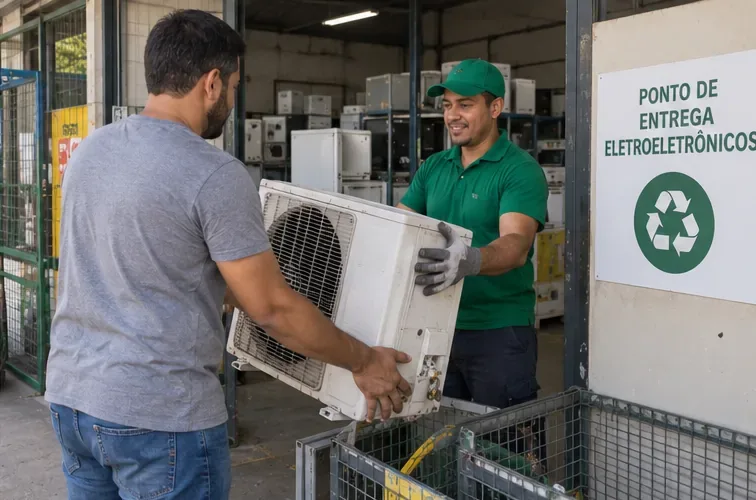 Pessoa entrega uma condensadora de ar-condicionado a um funcionário em ponto de recebimento de eletroeletrônicos