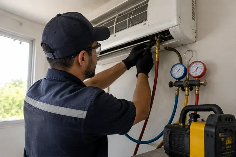 Técnico com luvas e manômetros trabalhando na desinstalação de uma unidade interna de ar-condicionado split