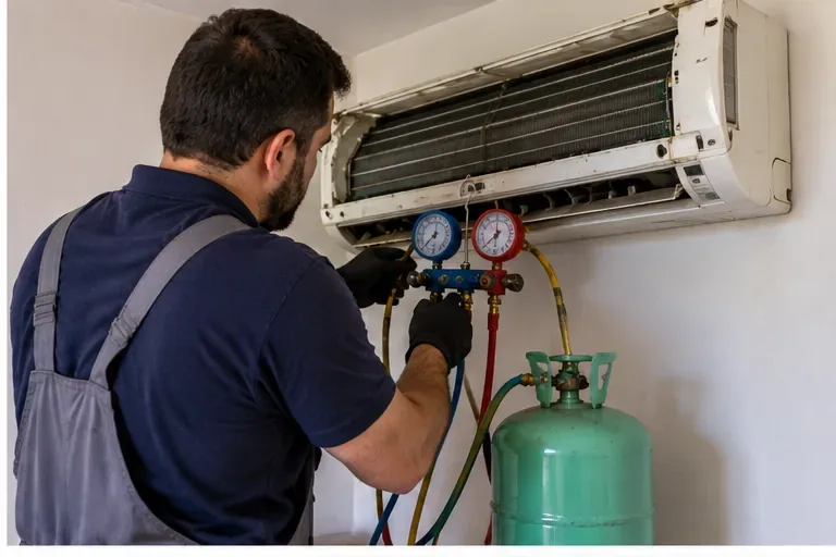Técnico usando manifold e cilindro durante a retirada de fluido de um ar-condicionado