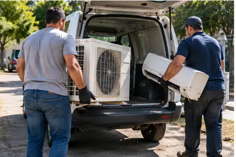 Duas pessoas transportando as unidades interna e externa de um ar-condicionado em um veículo
