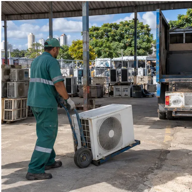Trabalhador conduz uma unidade externa de ar-condicionado em um carrinho dentro de uma área organizada de triagem