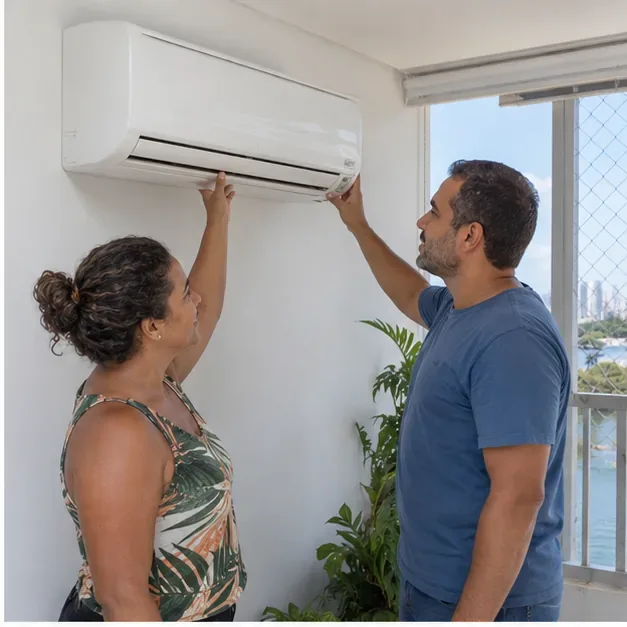 Duas pessoas avaliam um aparelho de ar-condicionado split ainda instalado em uma residência