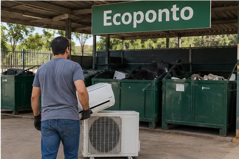 Pessoa levando as duas unidades de um ar-condicionado a uma área de recebimento identificada como Ecoponto