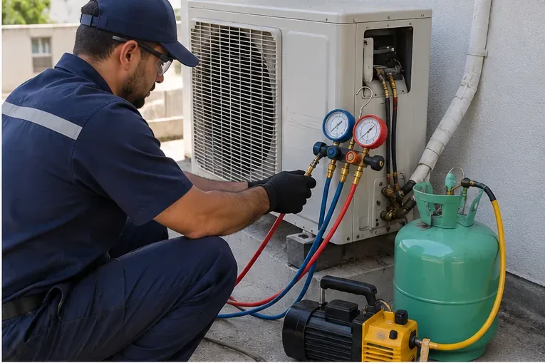 Técnico usando manifold, mangueiras, equipamento de recolhimento e cilindro junto à condensadora de um ar-condicionado