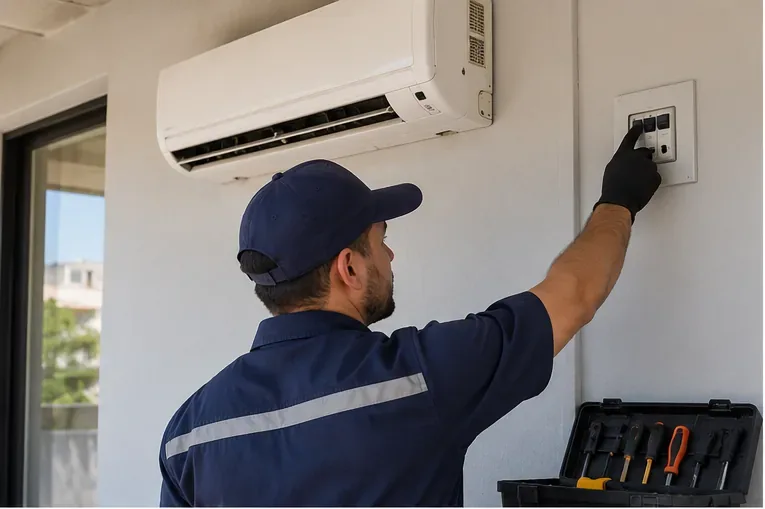 Técnico diante de um ar-condicionado split instalado, desligando a alimentação elétrica antes da retirada