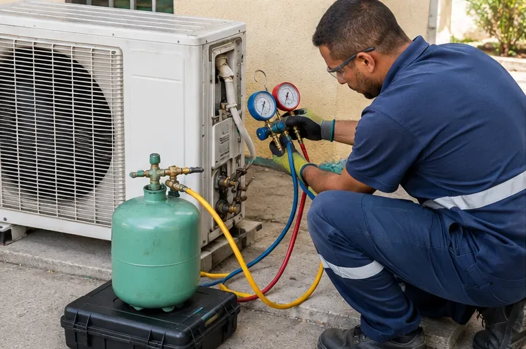 Técnico utilizando manômetros e cilindro de recolhimento junto à unidade externa de um ar-condicionado