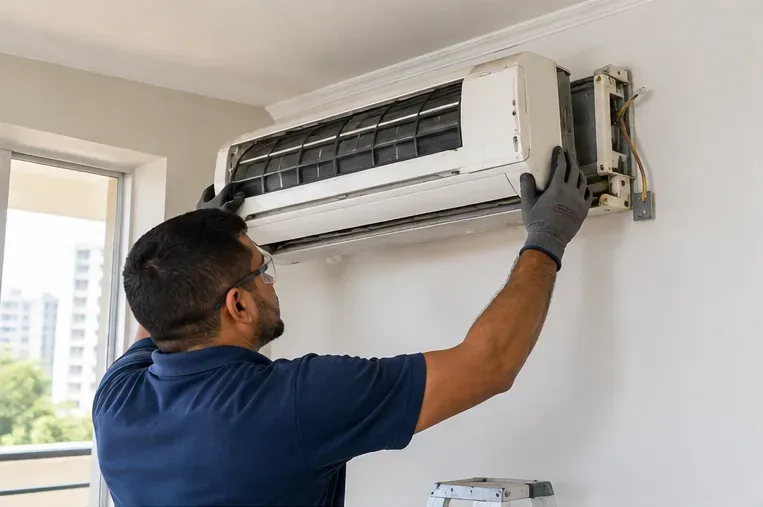 Técnico retirando com cuidado a unidade interna de um ar-condicionado split fixado na parede