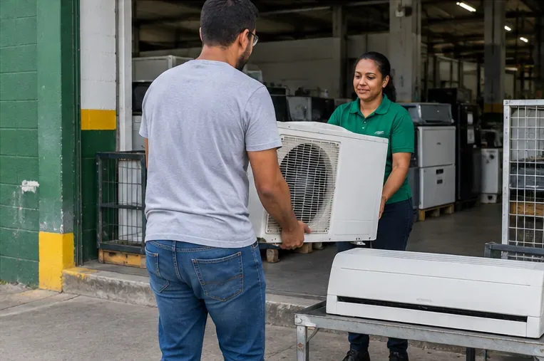 Duas pessoas entregando uma unidade externa de ar-condicionado em uma instalação de recebimento e reciclagem