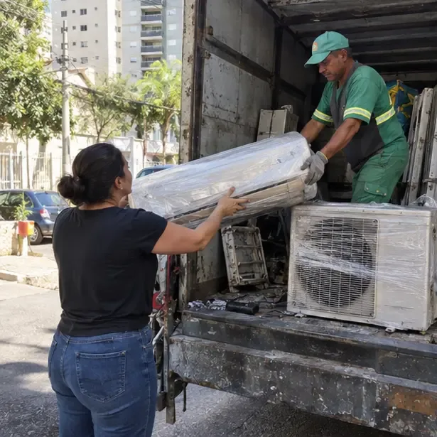 Moradora entrega unidades de ar-condicionado embaladas a um trabalhador em veículo de coleta
