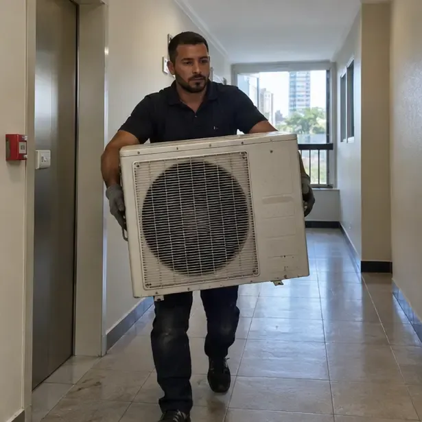 Técnico transporta a unidade externa do ar-condicionado por um corredor de prédio