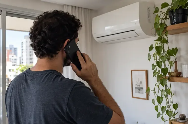 Morador consulta o atendimento municipal pelo celular ao lado de um ar-condicionado split
