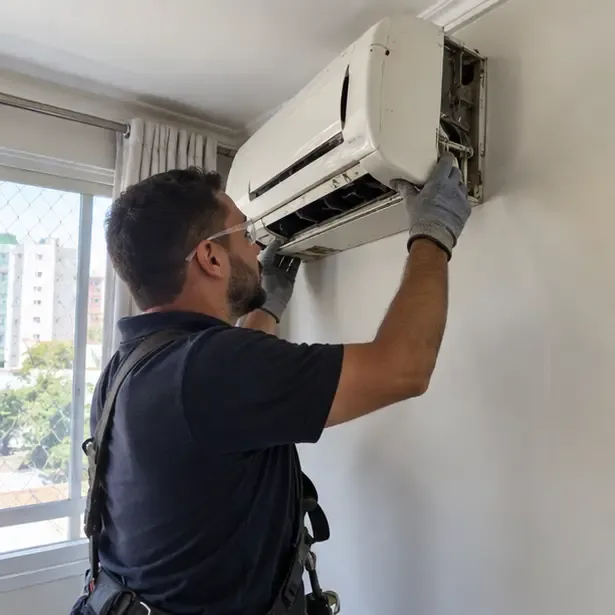 Técnico remove a unidade interna de um ar-condicionado split fixada na parede