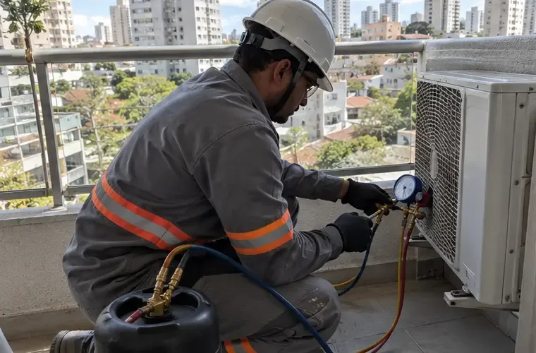 Técnico com capacete e luvas recolhe o fluido refrigerante da unidade externa