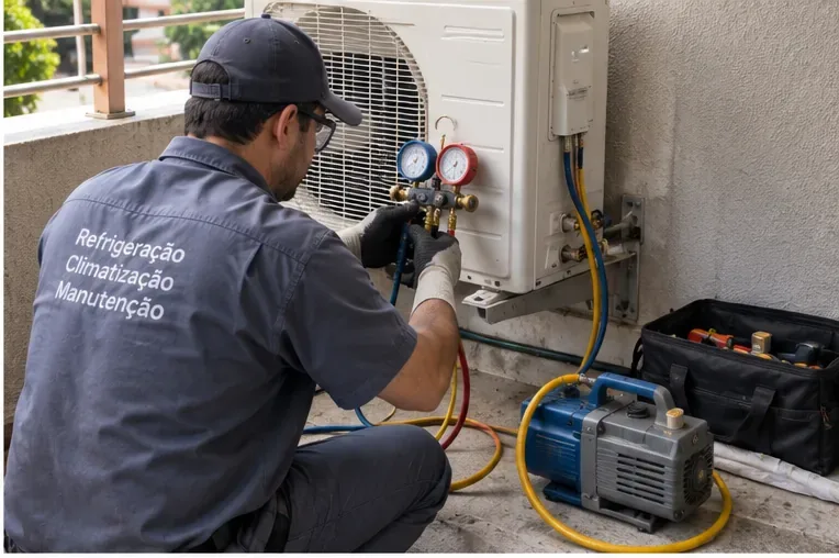 Técnico de refrigeração usando manômetros e equipamento de recolhimento em uma unidade externa de ar-condicionado