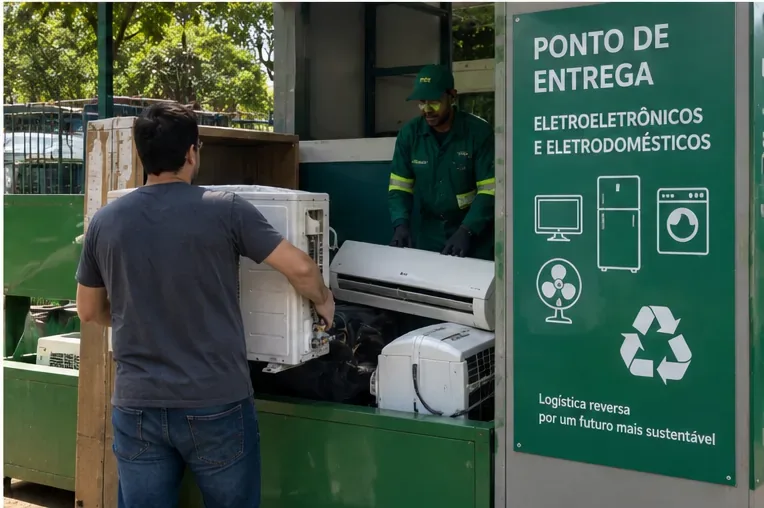 Pessoa entregando uma unidade externa de ar-condicionado em um ponto de recebimento de eletroeletrônicos e eletrodomésticos