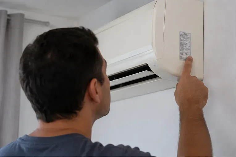 Morador observa a etiqueta de identificação de um aparelho de ar-condicionado split instalado na parede.