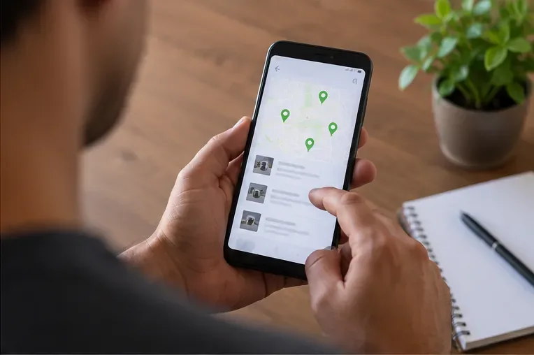 Pessoa consulta no celular um mapa com pontos de recebimento enquanto organiza o descarte de um ar-condicionado.