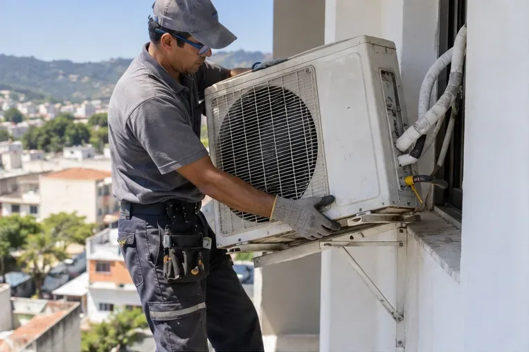 Técnico remove uma unidade condensadora de ar-condicionado de um suporte externo em varanda.