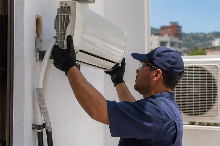 Técnico retira cuidadosamente a unidade interna de um ar-condicionado split da parede após a desinstalação.