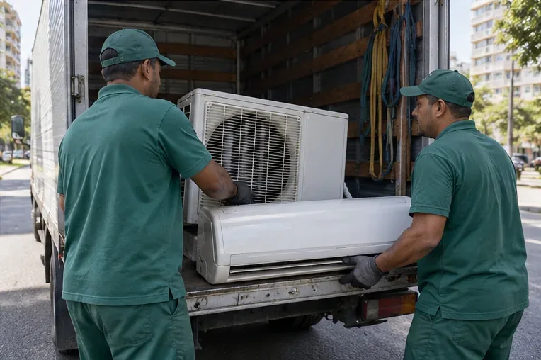 Dois trabalhadores carregam as unidades interna e externa de um ar-condicionado para um caminhão de coleta em uma rua urbana