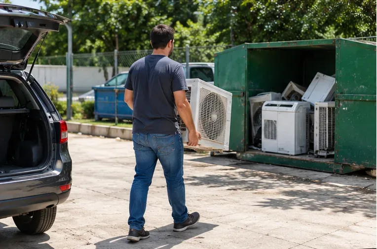Pessoa levando uma unidade externa de ar-condicionado até uma área organizada de recebimento de eletrodomésticos usados