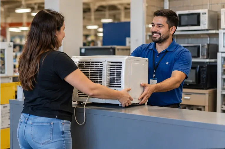 Cliente entregando um aparelho de ar-condicionado usado a um atendente em balcão de loja de eletrodomésticos