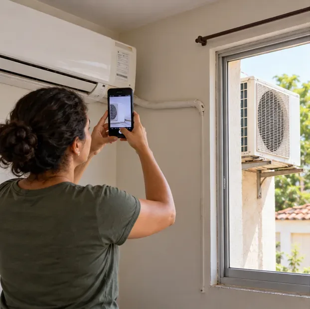Moradora fotografa a unidade interna de um ar-condicionado split, com a unidade externa visível do lado de fora