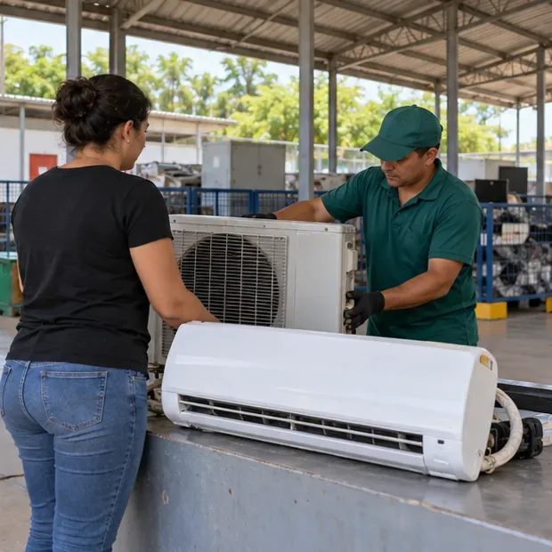 Funcionário recebe uma condensadora e uma unidade interna de ar-condicionado de uma moradora em área coberta de recebimento