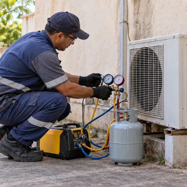 Técnico trabalha junto à unidade externa do ar-condicionado com manômetros, equipamento de recolhimento e cilindro
