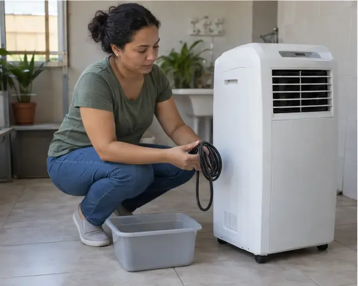 Ar-condicionado portátil desligado, com o cabo enrolado e um recipiente próximo para a drenagem da água