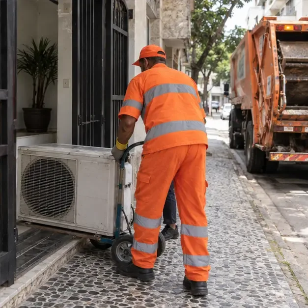 Trabalhador usando carrinho para retirar uma unidade externa de ar-condicionado da entrada de um prédio em uma rua arborizada