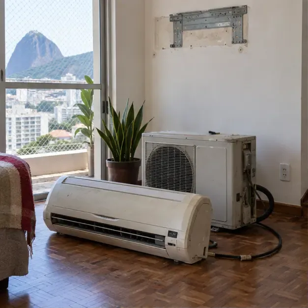 Unidades interna e externa de um ar-condicionado antigo desligadas no piso de um apartamento com vista urbana do Rio de Janeiro