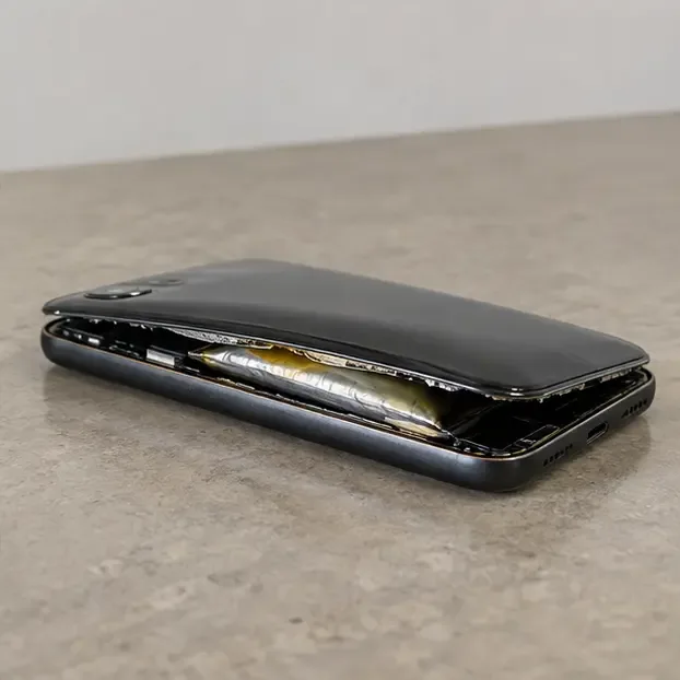 Carcaça preta de um aparelho eletrônico afastada por uma bateria visivelmente inchada no interior, sem ninguém tocando no dispositivo.