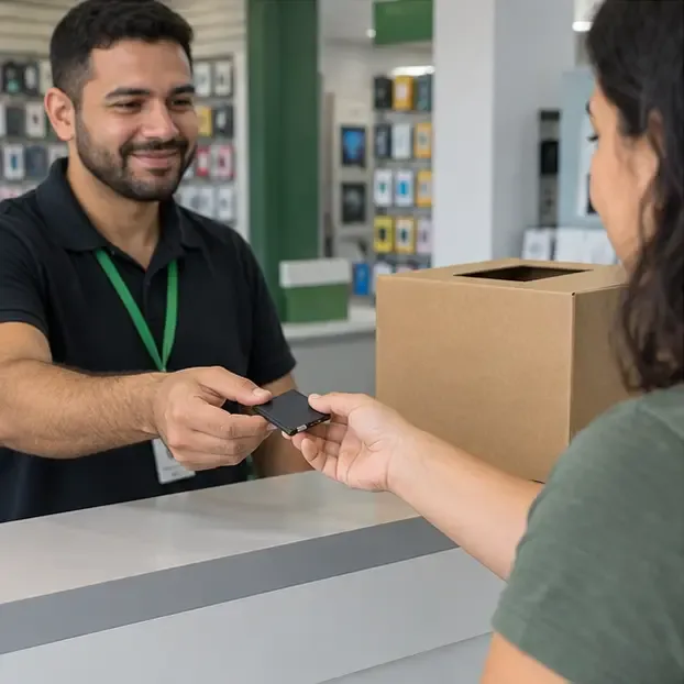 Uma pessoa entrega uma bateria pequena a um atendente em um balcão de recebimento de eletrônicos.