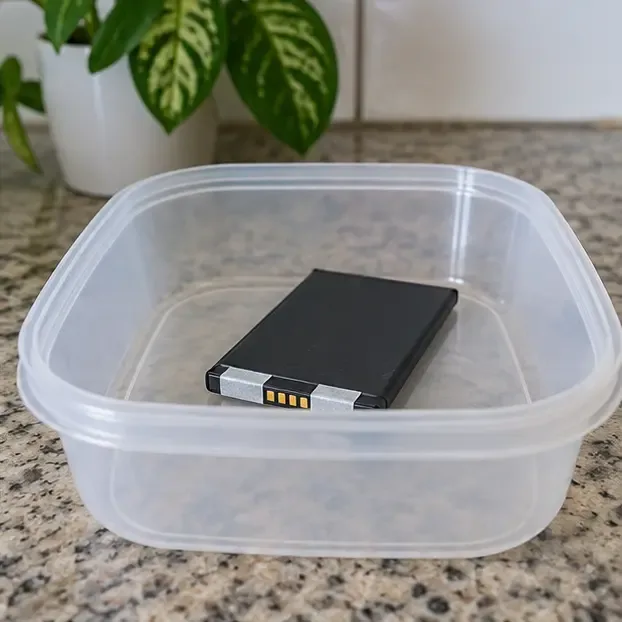 Bateria removível intacta repousa separada em um recipiente plástico transparente, sem outros objetos ao redor.