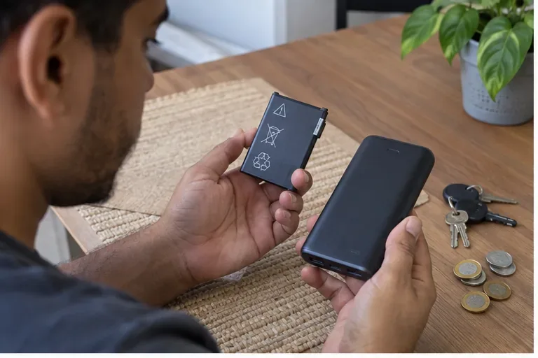 Pessoa identificando uma bateria de lítio e um power bank sobre uma mesa, com moedas e chaves afastadas