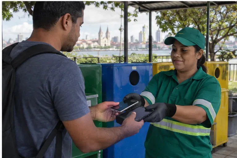 Pessoa entregando uma bateria e um aparelho eletrônico a uma funcionária em um ponto de coleta com contêineres coloridos