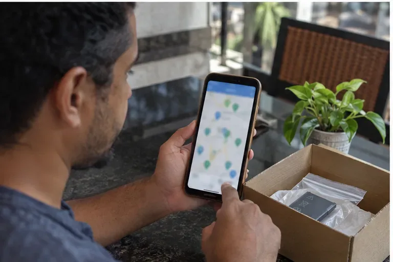 Pessoa consultando no celular um mapa de pontos de coleta ao lado de uma caixa com bateria protegida