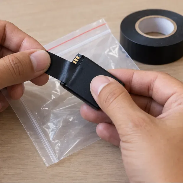 Mãos aplicando fita isolante preta sobre os contatos metálicos expostos de uma bateria removível, com um saco plástico individual ao fundo
