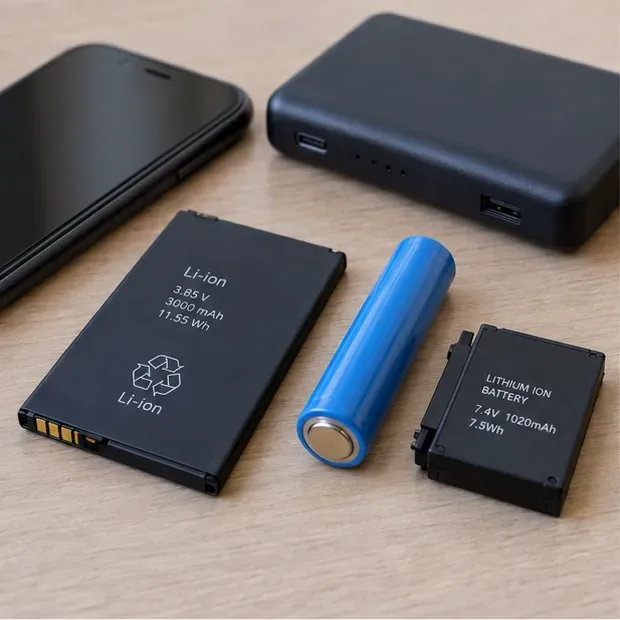Celular, power bank e diferentes formatos de baterias de lítio sobre uma mesa, incluindo uma célula cilíndrica e baterias removíveis com indicação Li-ion