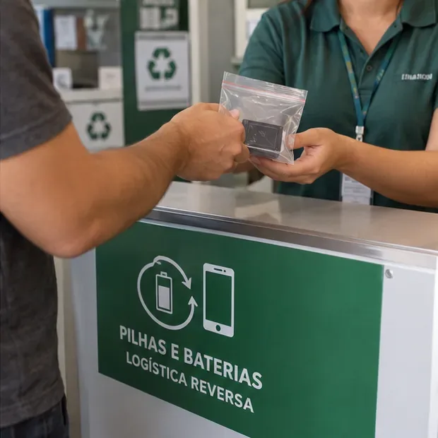 Pessoa entregando uma bateria embalada a um atendente diante de um balcão identificado para pilhas e baterias em logística reversa